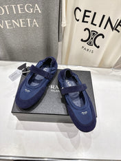 PRADA 25S COLLAPSE RE NYLON AND SUEDE BALLERINAS IN DARK BLUE