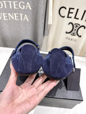 PRADA 25S COLLAPSE RE NYLON AND SUEDE BALLERINAS IN DARK BLUE