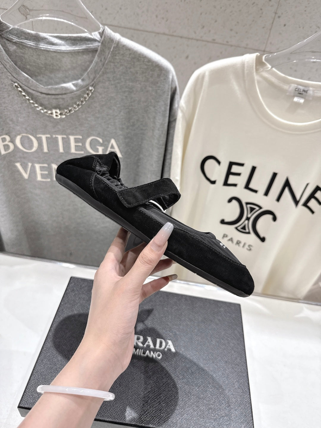 PRADA 25S COLLAPSE RE NYLON AND SUEDE BALLERINAS IN BLACK