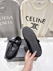 PRADA 25S COLLAPSE RE NYLON AND SUEDE BALLERINAS IN BLACK