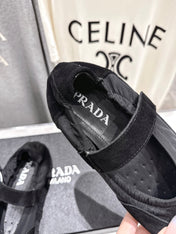 PRADA 25S COLLAPSE RE NYLON AND SUEDE BALLERINAS IN BLACK