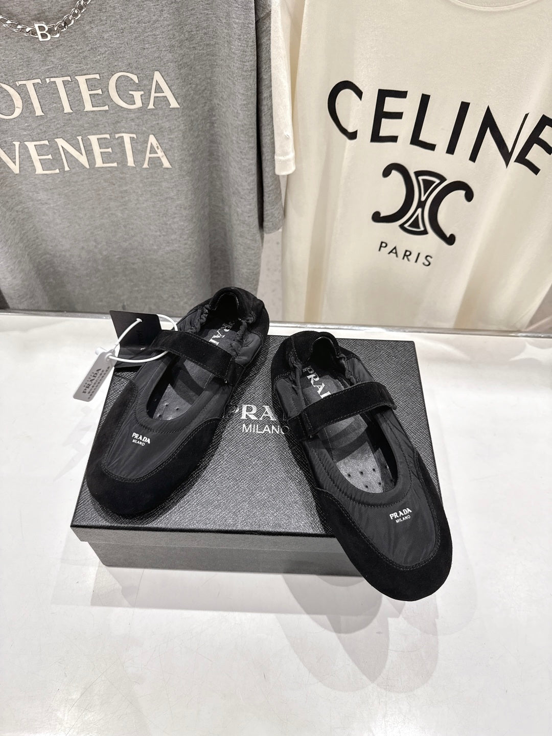 PRADA 25S COLLAPSE RE NYLON AND SUEDE BALLERINAS IN BLACK