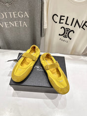 PRADA 25S COLLAPSE RE NYLON AND SUEDE BALLERINAS IN LEMON YELLOW