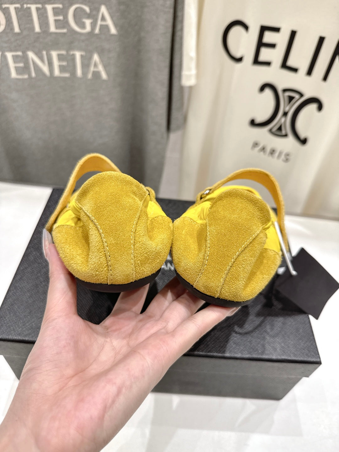 PRADA 25S COLLAPSE RE NYLON AND SUEDE BALLERINAS IN LEMON YELLOW