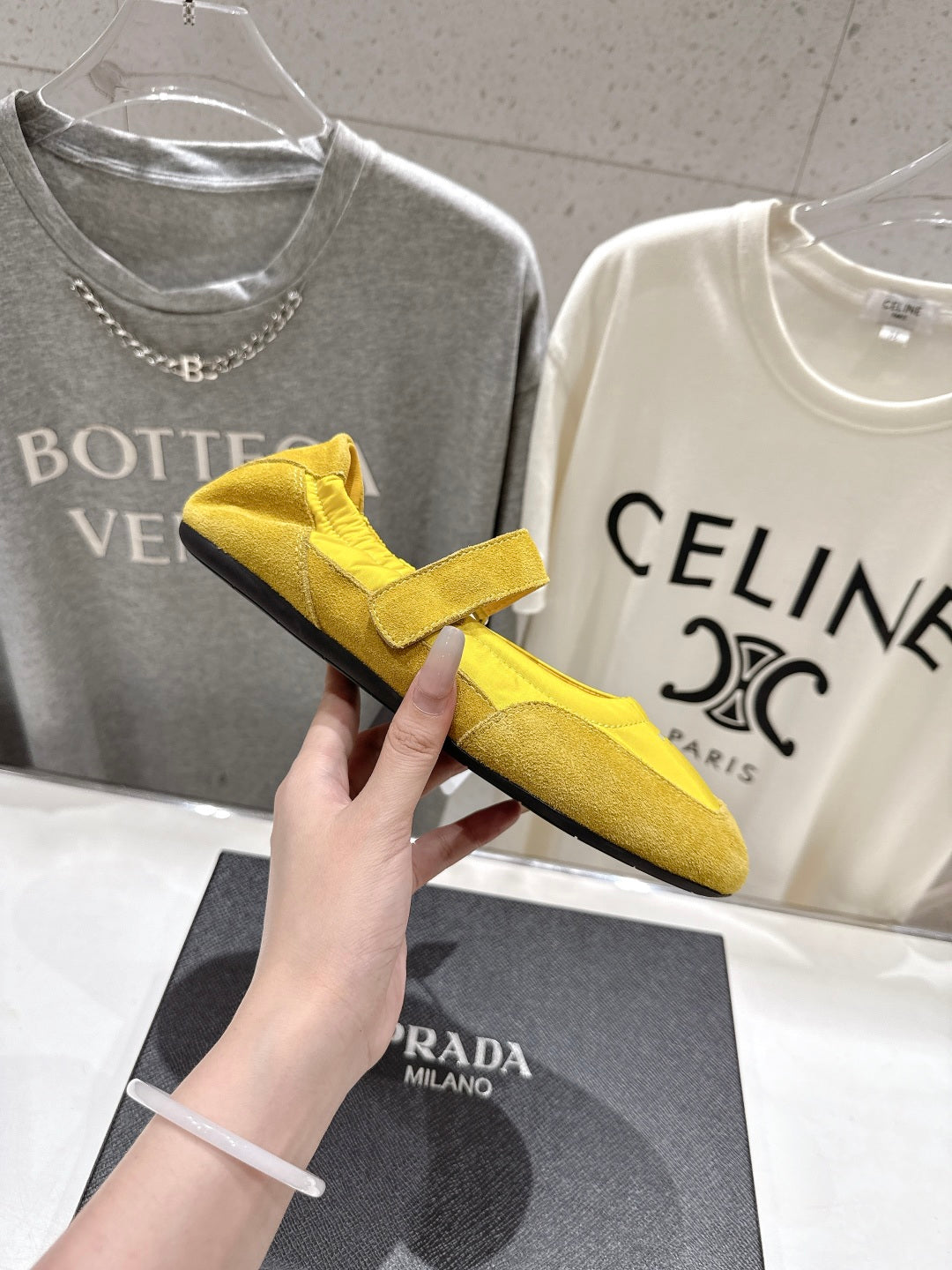 PRADA 25S COLLAPSE RE NYLON AND SUEDE BALLERINAS IN LEMON YELLOW