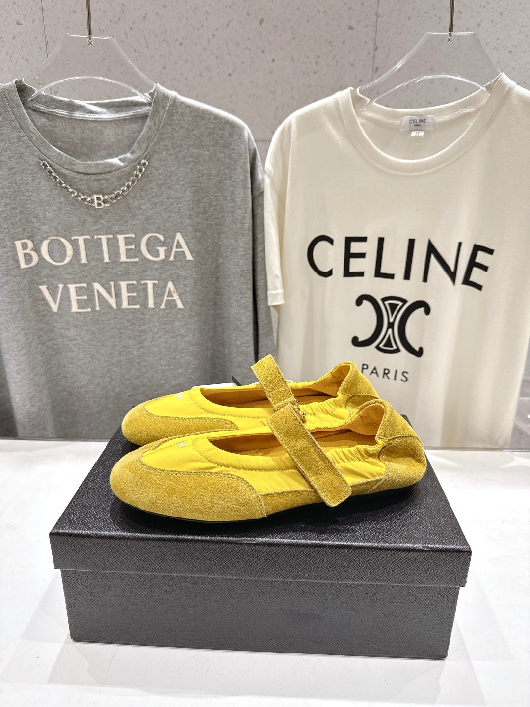 PRADA 25S COLLAPSE RE NYLON AND SUEDE BALLERINAS IN LEMON YELLOW