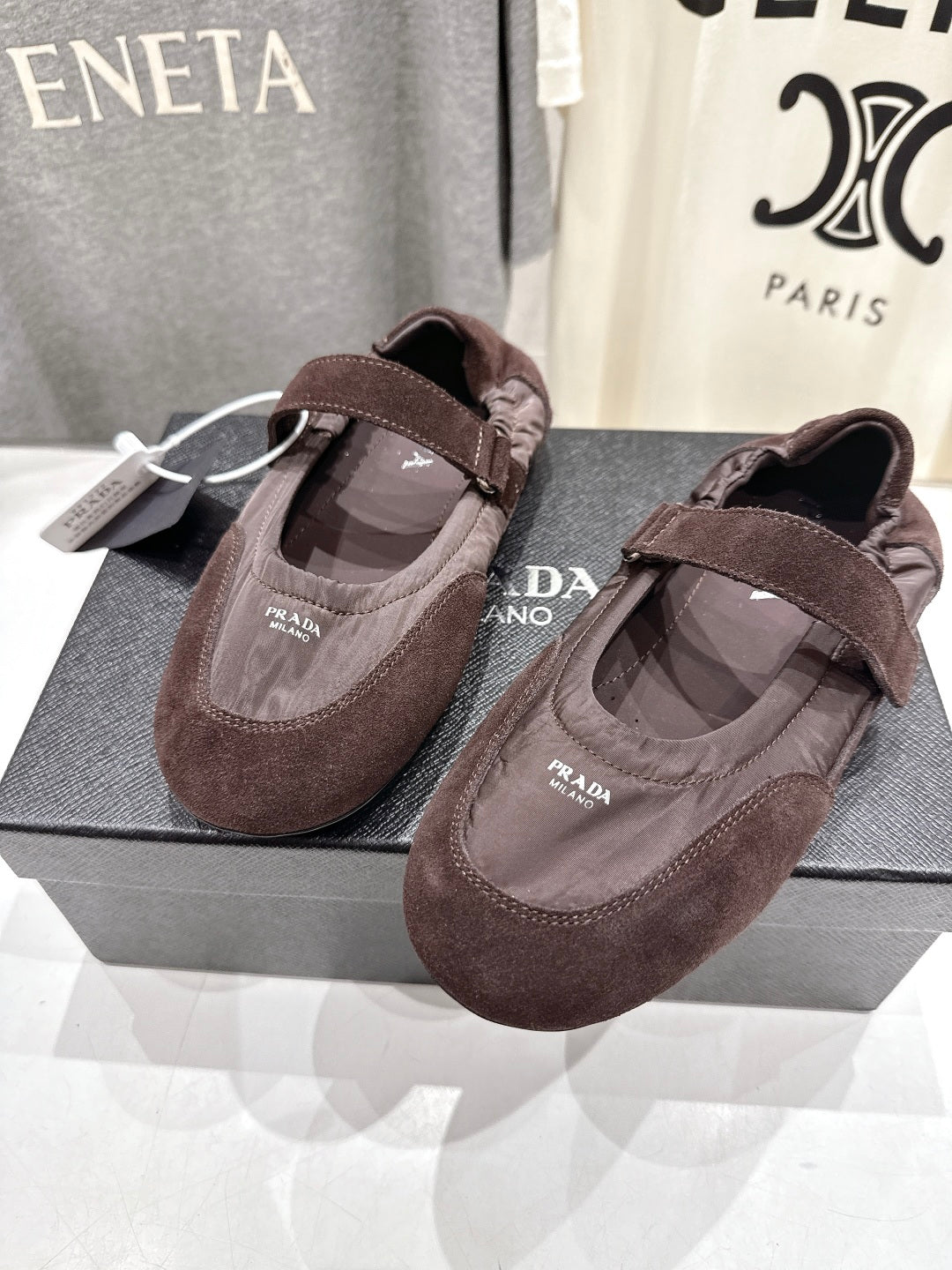 PRADA 25S COLLAPSE RE NYLON AND SUEDE BALLERINAS IN COFFEE