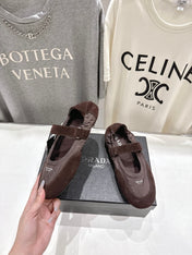 PRADA 25S COLLAPSE RE NYLON AND SUEDE BALLERINAS IN COFFEE