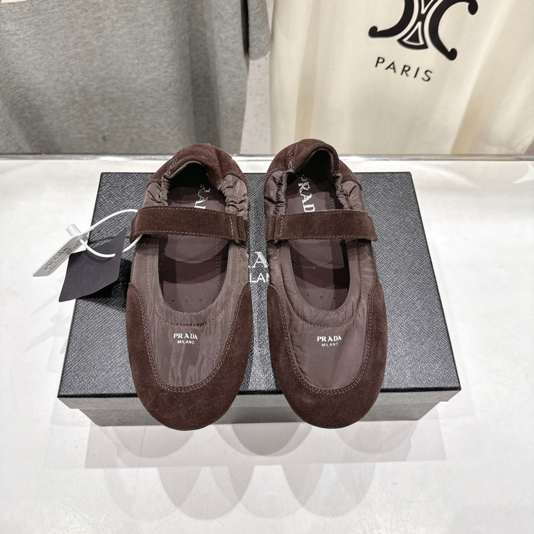 PRADA 25S COLLAPSE RE NYLON AND SUEDE BALLERINAS IN COFFEE