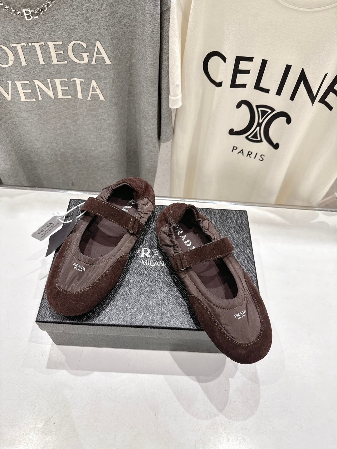 PRADA 25S COLLAPSE RE NYLON AND SUEDE BALLERINAS IN COFFEE