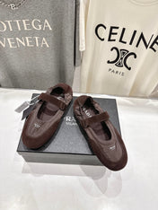 PRADA 25S COLLAPSE RE NYLON AND SUEDE BALLERINAS IN COFFEE