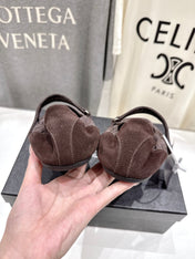 PRADA 25S COLLAPSE RE NYLON AND SUEDE BALLERINAS IN COFFEE