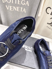 PRADA 25S COLLAPSE RE NYLON AND SUEDE SNEAKERS IN DARK BLUE WITH METAL TOECAP
