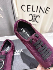 PRADA 25S COLLAPSE RE NYLON AND SUEDE SNEAKERS IN PLUM WITH METAL TOECAP