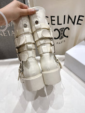DIOR 25S BIKER BOOTS IN CREAM WHITE CALFSKIN WITH SILVER HARDWARE