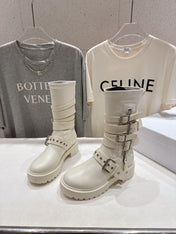 DIOR 25S BIKER BOOTS IN CREAM WHITE CALFSKIN WITH SILVER HARDWARE