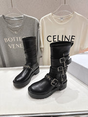 DIOR 25S BIKER BOOTS IN BLACK CALFSKIN WITH SILVER HARDWARE