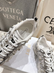DIOR 25S SNEAKER IN SILVER LAMBSKIN AND MESH FABRIC WITH PEARL DETAILING