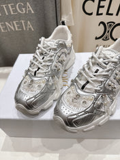 DIOR 25S SNEAKER IN SILVER LAMBSKIN AND MESH FABRIC WITH PEARL DETAILING