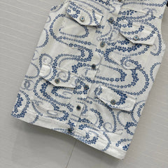 CC 25 Printed Denim Vest Jacket Blue White Cotton