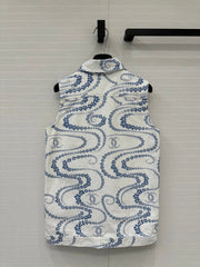 CC 25 Printed Denim Vest Jacket Blue White Cotton