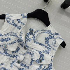 CC 25 Printed Denim Round Neck Vest Blue White Cotton