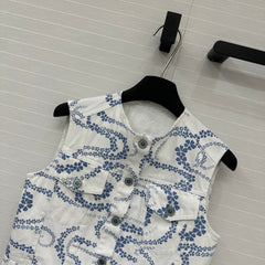 CC 25 Printed Denim Round Neck Vest Blue White Cotton
