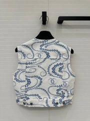 CC 25 Printed Denim Round Neck Vest Blue White Cotton