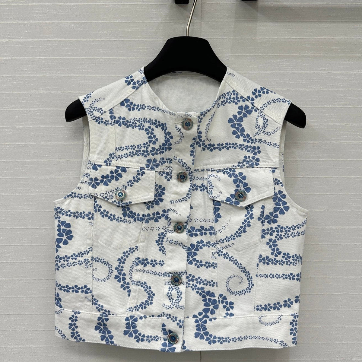 CC 25 Printed Denim Round Neck Vest Blue White Cotton