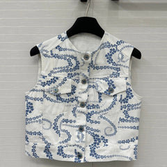 CC 25 Printed Denim Round Neck Vest Blue White Cotton