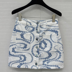CC 25 Printed Denim Single-breasted Short Skirt Blue White Cotton