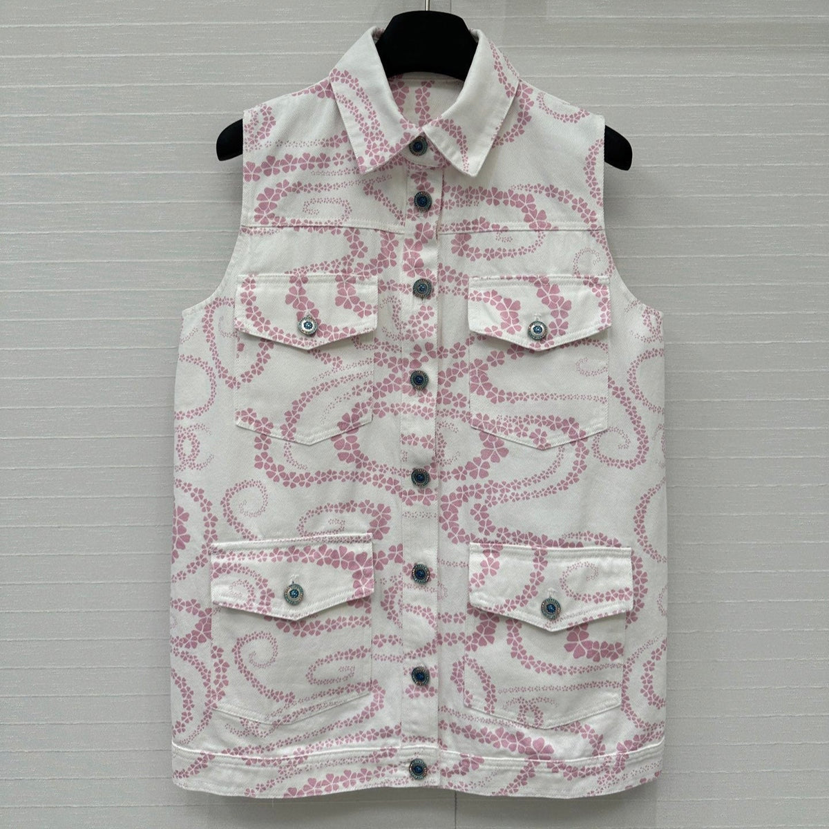 CC 25 Printed Denim Vest Jacket Pink White Cotton