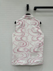 CC 25 Printed Denim Vest Jacket Pink White Cotton