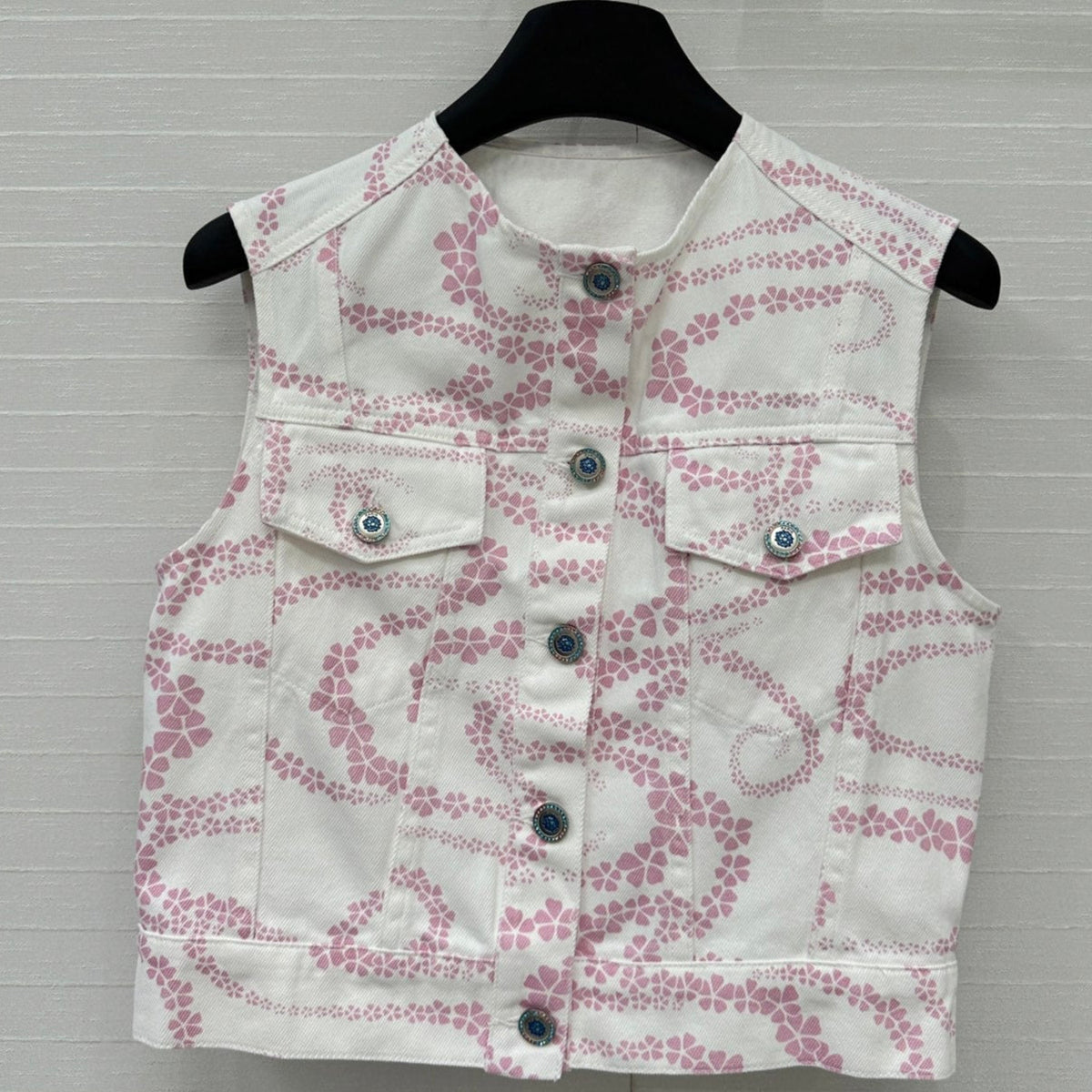 CC 25 Printed Denim Round Neck Vest Pink White Cotton