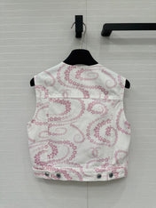 CC 25 Printed Denim Round Neck Vest Pink White Cotton