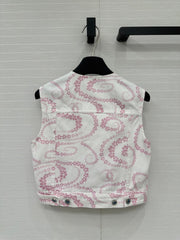 CC 25 Printed Denim Round Neck Vest Pink White Cotton