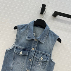 CC 25 Embroidered Vest Jacket Blue Denim Cotton