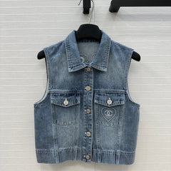 CC 25 Embroidered Vest Jacket Blue Denim Cotton