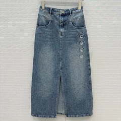 CC 25 Embroidered Midi Skirt Blue Denim Cotton