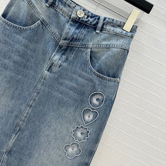 CC 25 Embroidered Midi Skirt Blue Denim Cotton