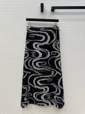 CC 25 Wave Pattern Long Skirt Black Silk Cotton