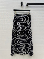 CC 25 Wave Pattern Long Skirt Black Silk Cotton