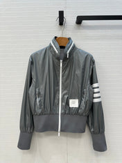 THOM BROWNE STAND COLLAR ZIP-UP JACKET IN GREY