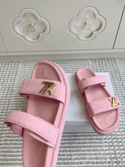 LV TWO-STRAP SANDALS 25S IN LIGHT PINK DENIM AND CALFSKIN  WITH GOLD HARDWARE