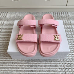 LV TWO-STRAP SANDALS 25S IN LIGHT PINK DENIM AND CALFSKIN  WITH GOLD HARDWARE