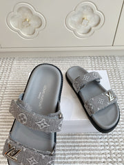 LV TWO-STRAP SANDALS 25S IN GREY DENIM AND CALFSKIN  WITH SILVER HARDWARE