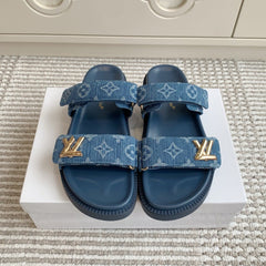 LV TWO-STRAP SANDALS 25S IN BLUE DENIM AND CALFSKIN WITH GOLD HARDWARE
