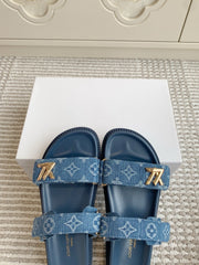 LV TWO-STRAP SANDALS 25S IN BLUE DENIM AND CALFSKIN WITH GOLD HARDWARE