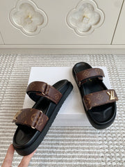 LV TWO-STRAP SANDALS 25S IN BROWN MIX BLACK CALFSKIN WITH GOLD HARDWARE