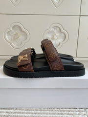 LV TWO-STRAP SANDALS 25S IN BROWN MIX BLACK CALFSKIN WITH GOLD HARDWARE